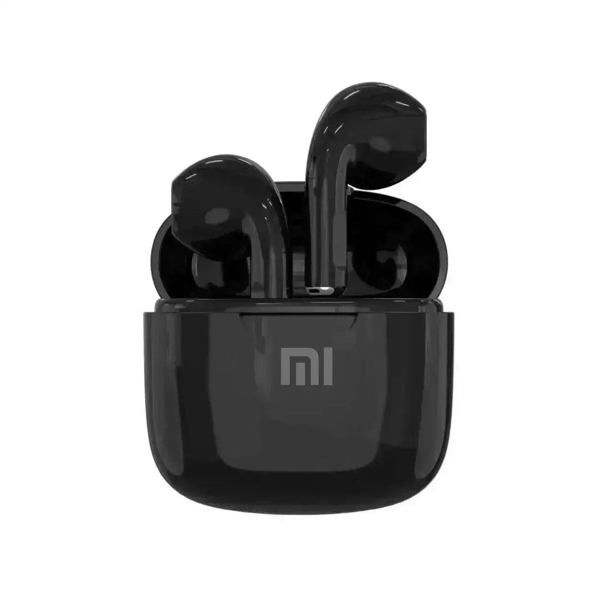 Black wireless earbuds in charging case, open-lid design