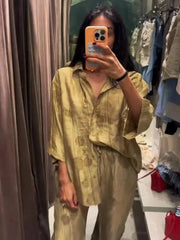 مجموعة نسائية 2024 موضة جديدة ربيع جاكار فضفاض للسيدات قميص صيفي نسائي بنطلون كاجوال أنيق مطبوع مجموعة للنساء