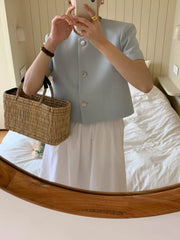 Chic Korean Sle round Ne Metal Single Button Loose ort Sve Outerwear for Women Summer Faion Commute Pure Color
