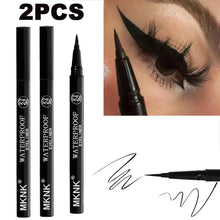 Set of two black waterproof eyeliners with winged eye application and signature swatch