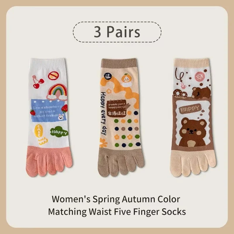 3 Pairs of Women's Four-season Mid-tube Fruit Letter Slogan Bear Cute and Sweet Girl Fashion Cotton Five-toe Socks