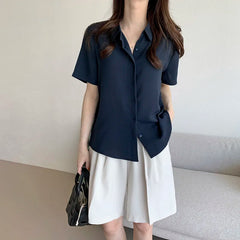 Ele Chiffon irt ort Sve Summer New Loose Collar  Ne White Top Women's Faion Commute Sle Straight Cut