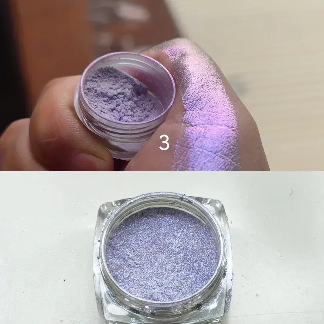 Silver purple metallic glitter eyeshadow jar with lilac shimmer swatch on skin