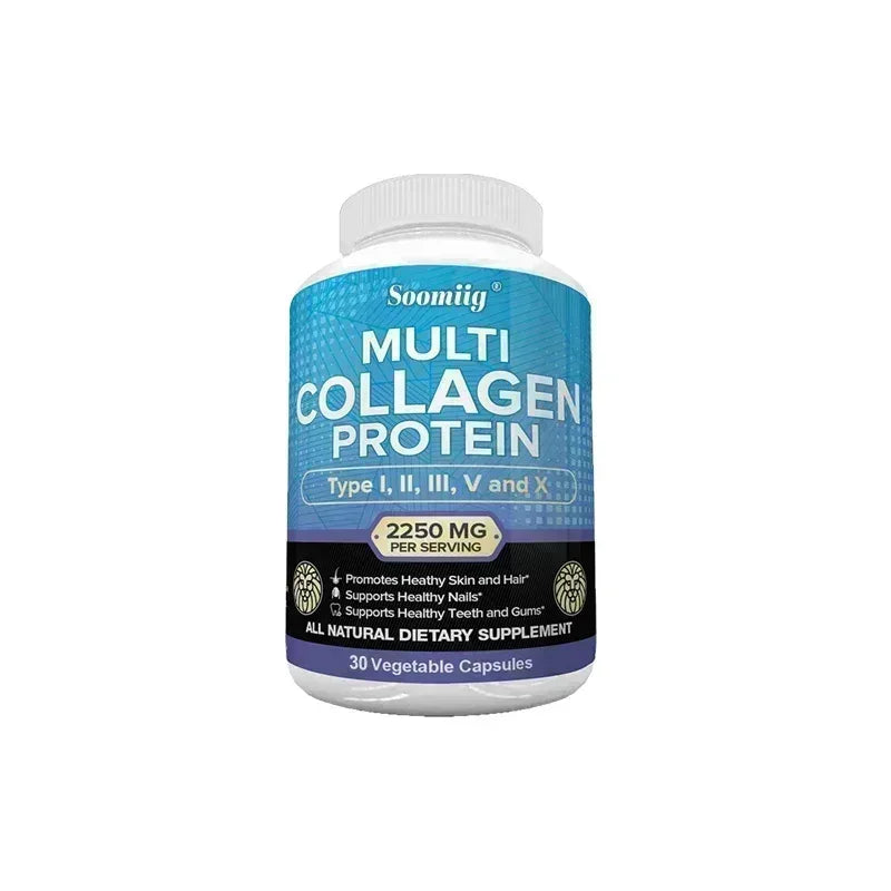 Collagen protein supplement bottle, blue label, 30 vegetable capsules