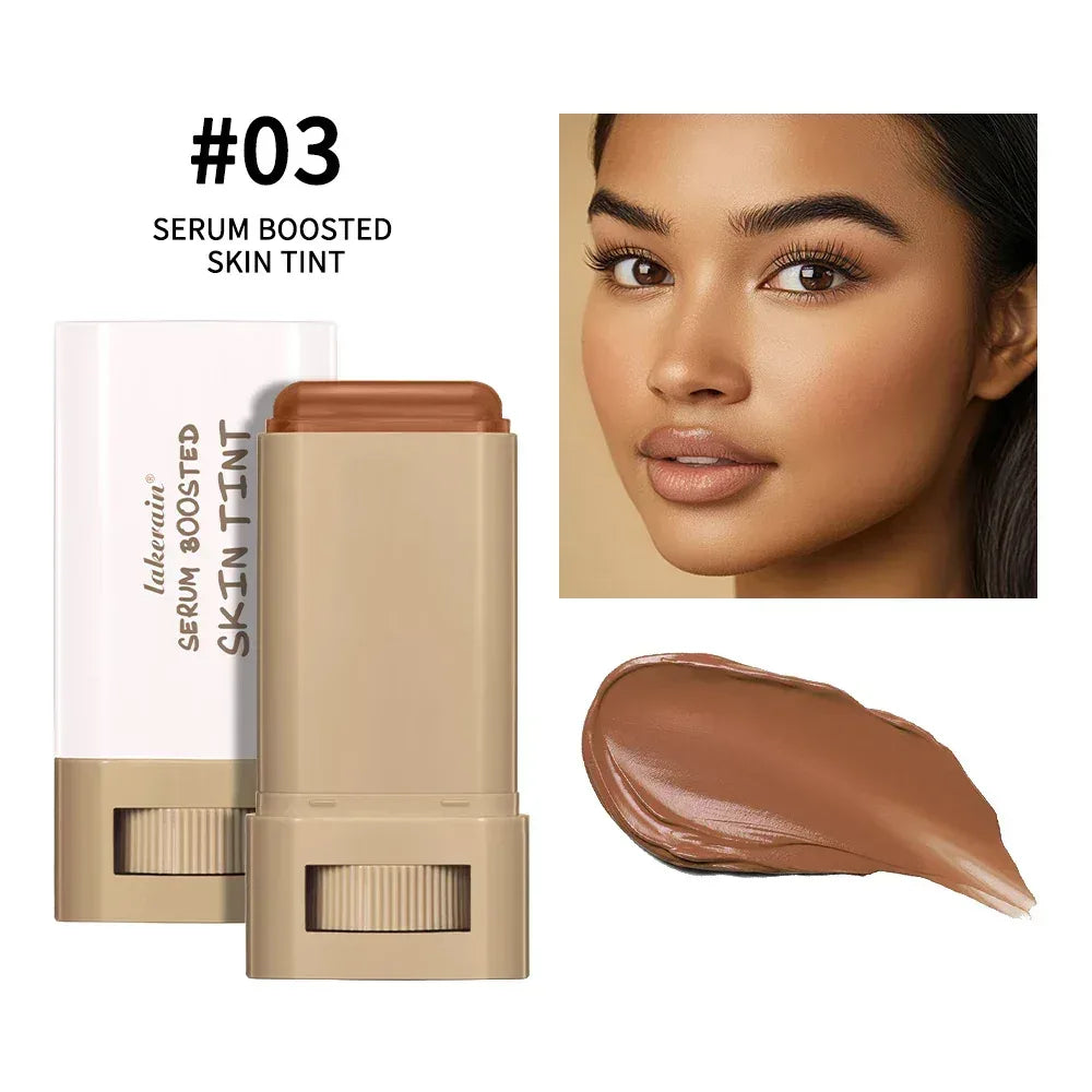 Foundation stick, shade #03 serum boosted skin tint; medium brown stick with swatch.