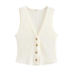 EDSA Women 2 Pcs Set V-Neck Single Breasted Solid Texture Casual Vest Top+High-Waisted Drawstring Wide Leg Pants