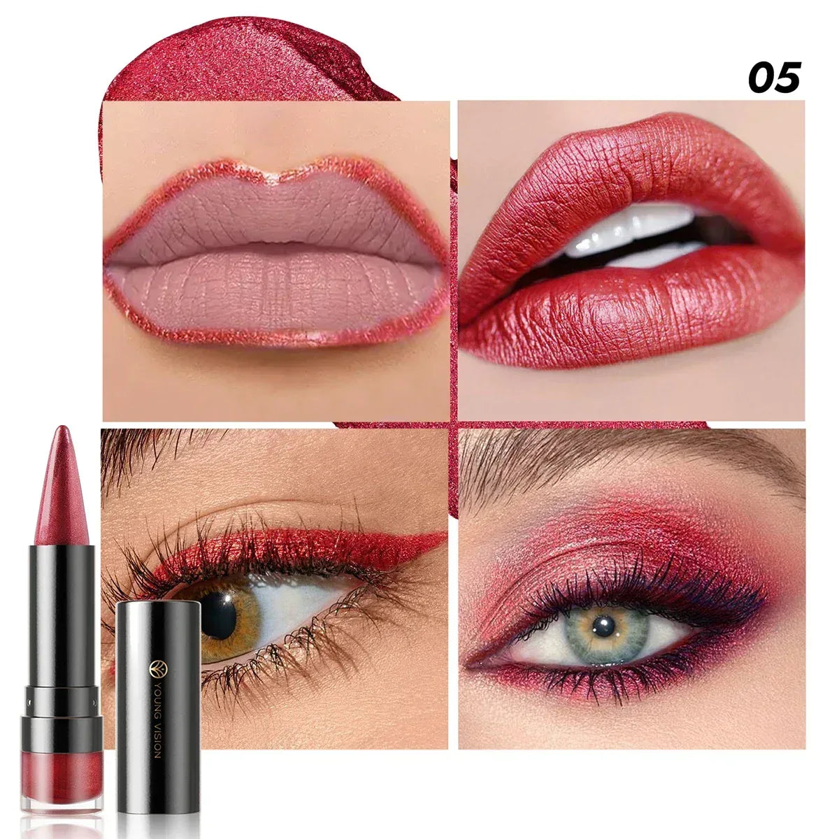 Red matte pearl glitter lipstick swatch on lips and eyes with pink-red tube shown.