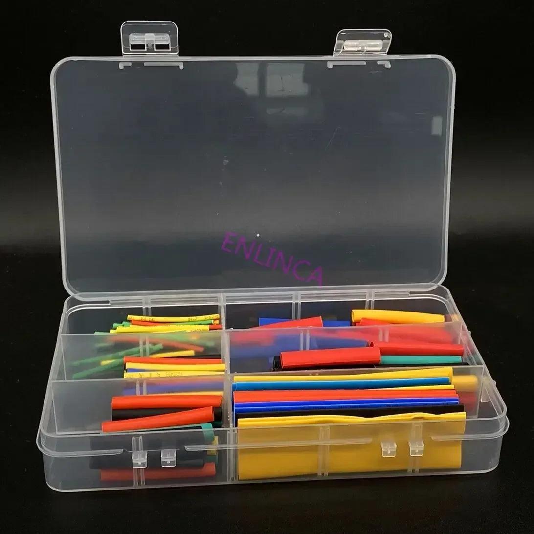 Heat-shrink tubing kit in clear case with mixed colored insulation sleeves