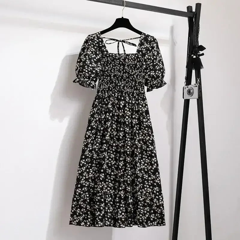 Black floral chiffon A-line dress with puff sleeves, elastic waist, tiered skirt