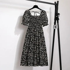 Black floral chiffon A-line dress with puff sleeves, elastic waist, tiered skirt