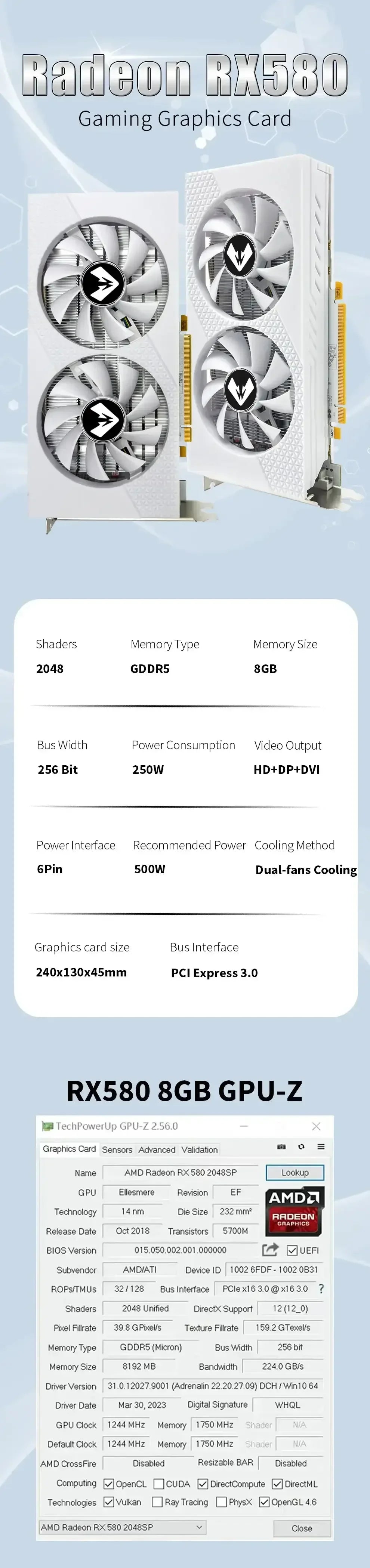 Graphics card with four cooling fans and a card diagram on a white card layout.