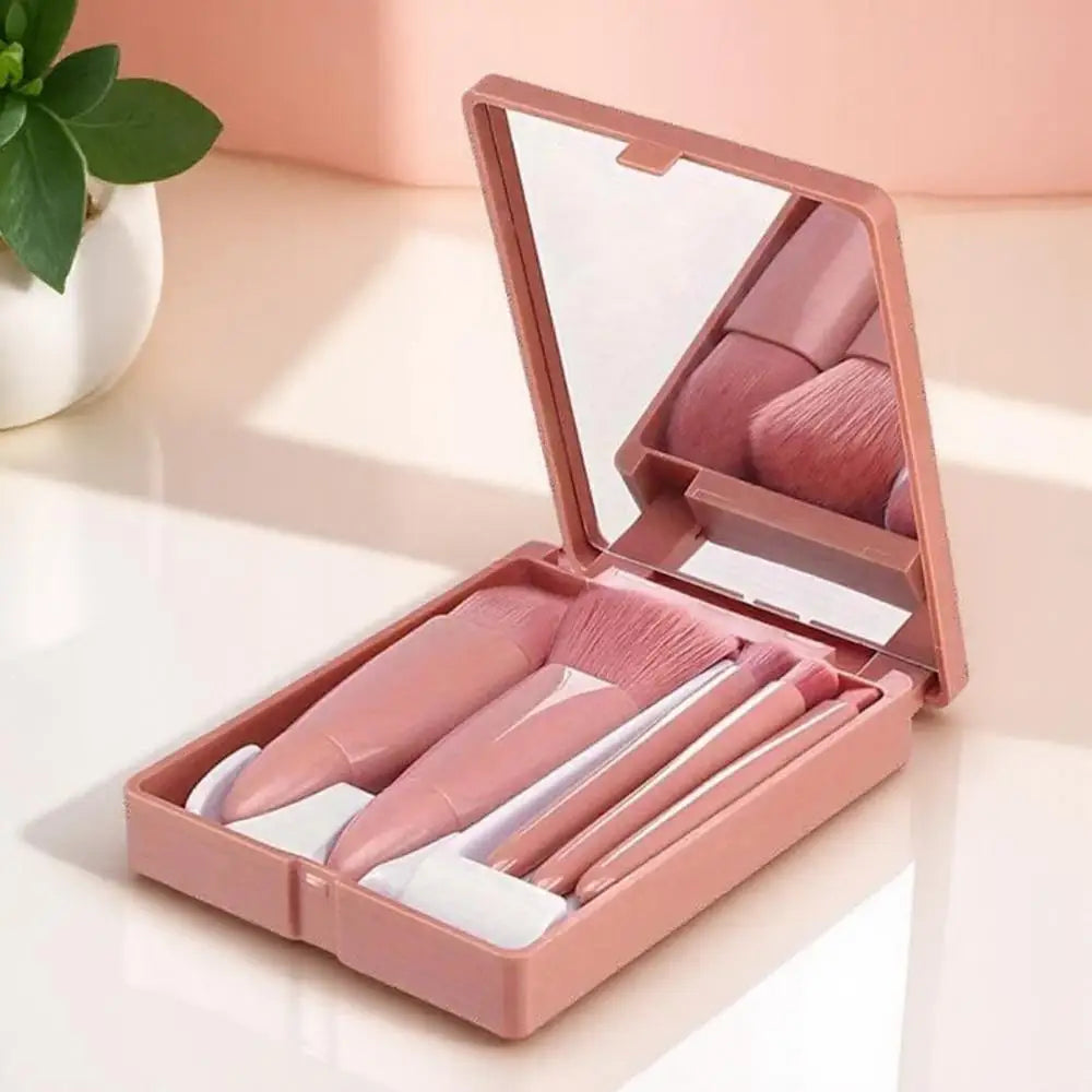 5Pcs Portable Makeup Brush Set with Mirror Box Eyeshadow Blush Brush Travel Cosmetic Brushes