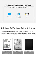 علبة محرك أقراص صلبة SATA SSD مقاس 2.5 بوصة بمنفذ USB 3.0 مع سرعة نقل 5 جيجابت في الثانية، وعلب أقراص صلبة خارجية متنقلة وكابل