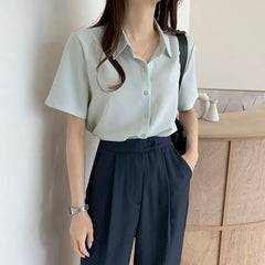 Ele Chiffon irt ort Sve Summer New Loose Collar  Ne White Top Women's Faion Commute Sle Straight Cut