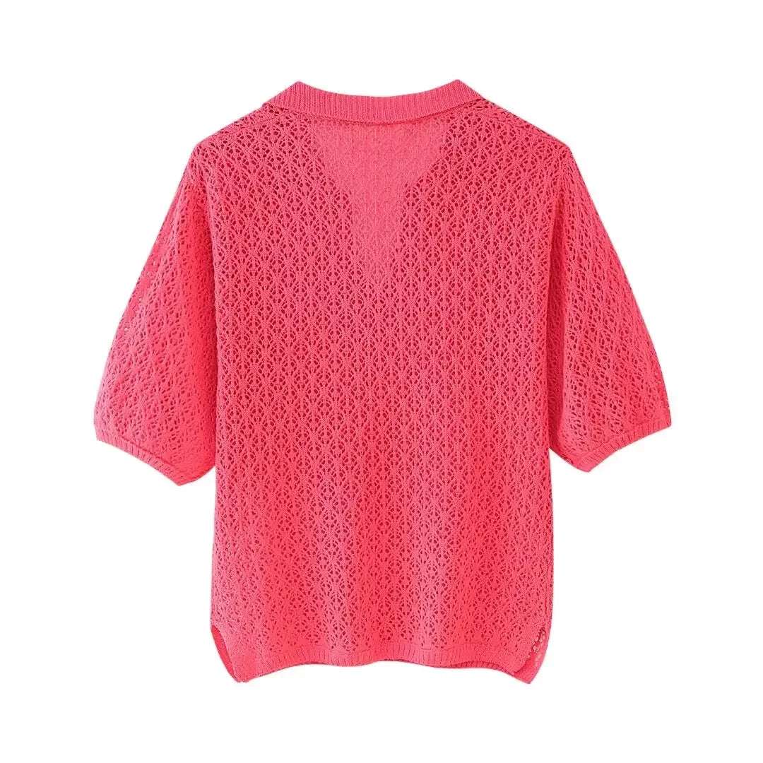 Women Fashion New Short Sleeve Jacquard Mesh Loose Polo Collar Sweater Pullover Tops Chic Female Knit Sweaters Mujer