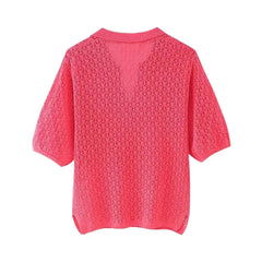Women Fashion New Short Sleeve Jacquard Mesh Loose Polo Collar Sweater Pullover Tops Chic Female Knit Sweaters Mujer