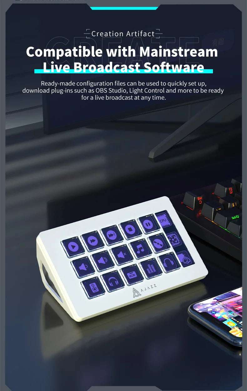 AJAZZ AKP153E Stream Deck Multifunctional Console Panel Desktop Assistente 15 Macro Keys Trigger Actions Custom Mini Keyboard