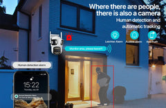 كاميرا IP خارجية ثلاثية العدسات PTZ بدقة 6K عالية الدقة وكاميرا أمان ثلاثية الشاشات مزودة بخاصية WiFi وتتبع تلقائي وكاميرا CCTV لاسلكية مزدوجة العدسات بدقة 4K iCsee