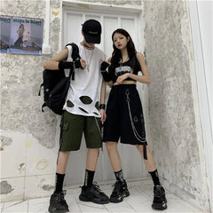 شورت كارجو فضفاض للنساء بجيوب كبيرة من Harajuku Japan شورت بناتي للزوجين من Ulzzang الكوري العصري في الشارع الصيفي شورت هيب هوب للبنات