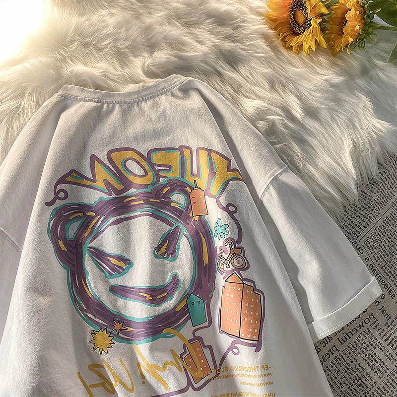 plus Size Women's Pink ort Sve T-irt Korean Sle Oversize Loose Fit Summer Trendy BF National Trend round Ne Print