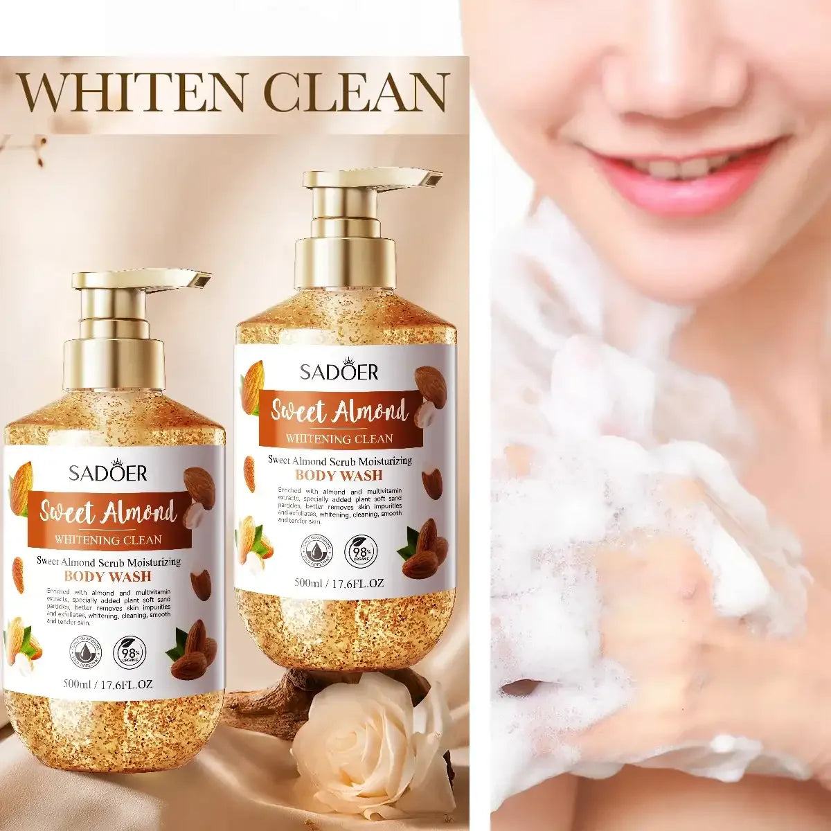 500ml SADOER Sweet Almond Oil Body Wash Exfoliate Whitening Moisturizing Replenish & Cleanse Sweet Almond Scrub Shower Bath Gel - Mumzar