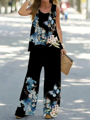 Casual High Street Fashion T-Shirt Straight Leg Pants Suit Women's Printed Sleeveless Vest Loose Pants Simple Summer Set Clothes