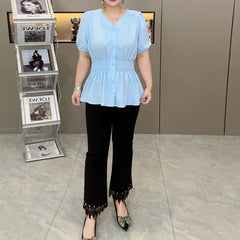 200 Pounds Plus Size Elastic Waist Summer Shirt And Blouse Short Sleeve Solid Top Women's New In Clothes Simple V-neck French