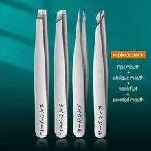 4-piece silver tweezers set with flat, oblique, hook-flat, and pointed tips