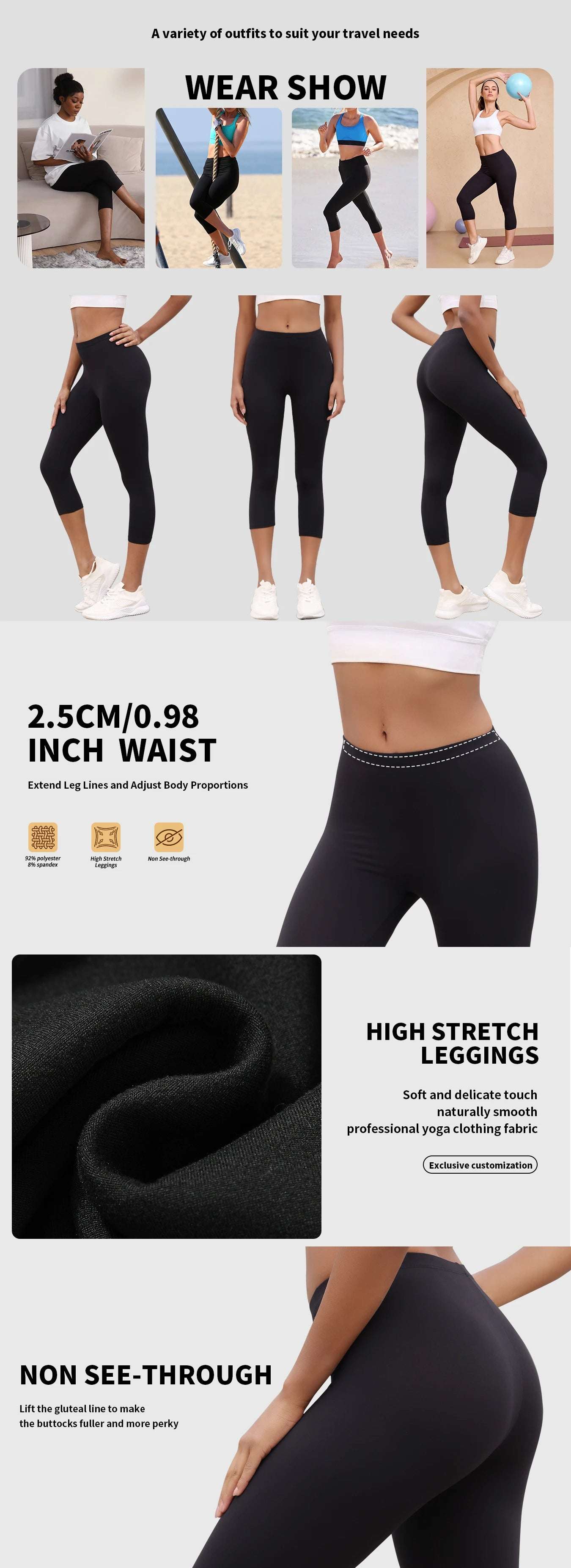 Women's Super Soft Capri Pants High Stretchy Breathable Pants No See Through Workout Running Yoga Athletic Pants Gym Leggings