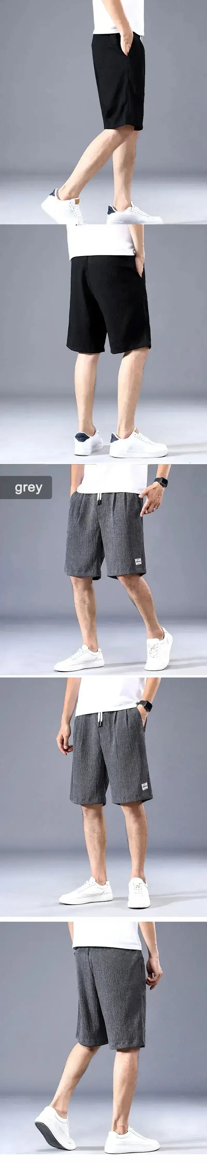 Men's drawstring silk shorts shown in black and gray on models