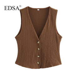 EDSA Women 2 Pcs Set V-Neck Single Breasted Solid Texture Casual Vest Top+High-Waisted Drawstring Wide Leg Pants