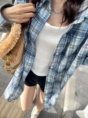 2024 New Blue Plaid irt Jaet Women's Loose Casual Meat Covering Middle Length irt Outerwear Trendy Forest System
