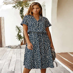 Polka Dot Short Sleeved Dress shirt Collar  Dress European and American Fashion Dress