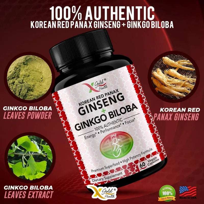 Korean Red Ginseng + Ginkgo Super Energy, Vegetarian Capsules for Energy, Performance and Focus for Men and Women