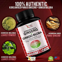 Korean Red Ginseng + Ginkgo Super Energy, Vegetarian Capsules for Energy, Performance and Focus for Men and Women