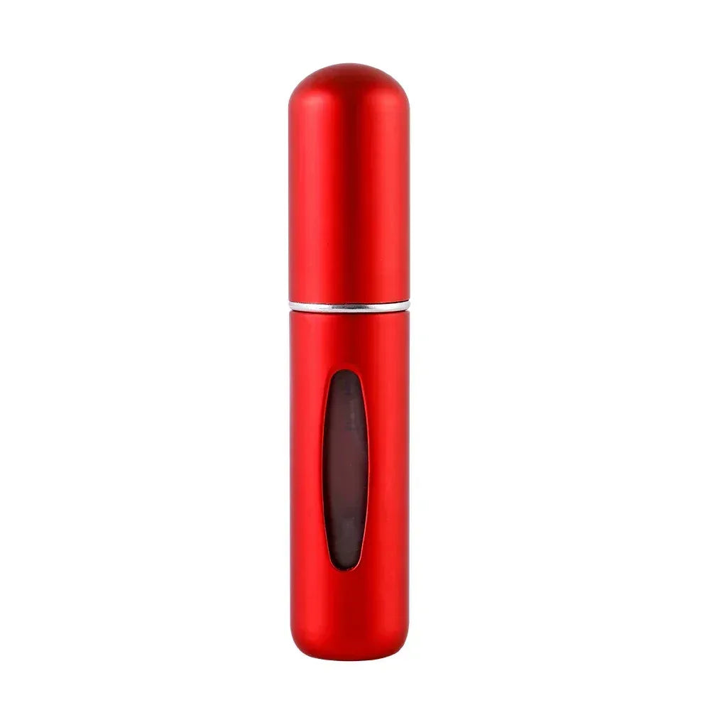 Portable mini travel perfume refill bottle, matte red aluminum with oval window