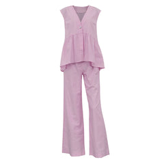 Fashion Pink 2 Piece Set Women Summer Chic Elegant Outfit Single Breasted Sleeveless Ruffles Tank Top Loose Wide-leg Pants Sets