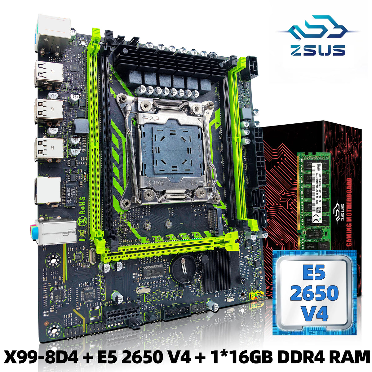 مجموعة اللوحة الأم ZSUS X99-8D4 مع وحدة المعالجة المركزية LGA2011-3 Xeon E5 2650 V4 DDR4 16 جيجابايت (1*16 جيجابايت) 2133 ميجا هرتز ذاكرة وصول عشوائي NVME M.2 SATA