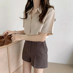 Ele Chiffon irt ort Sve Summer New Loose Collar  Ne White Top Women's Faion Commute Sle Straight Cut