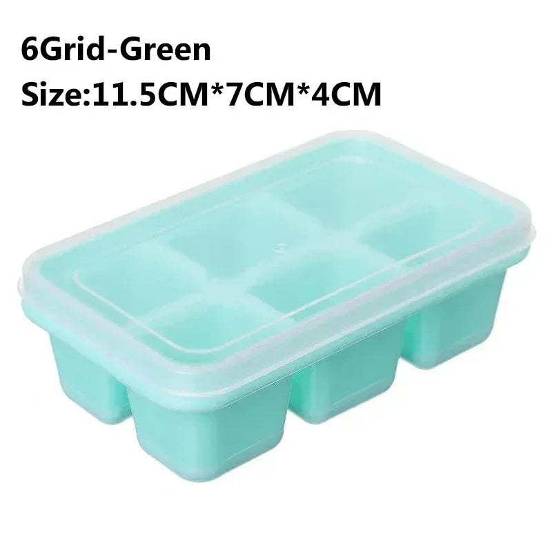 Green silicone ice cube tray mold with 6 small square sections and raised edges