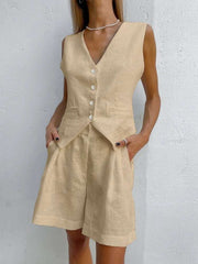 Summer European and American Design Sense Cotton and Linen Suit Vest Suit Women's  Casual Sleeveless Vest Shorts Two-piece Set