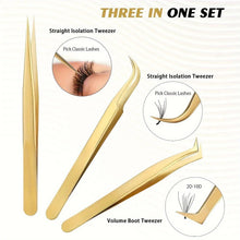 Golden 3-in-one lash tweezers set, three straight and angled tools for extensions