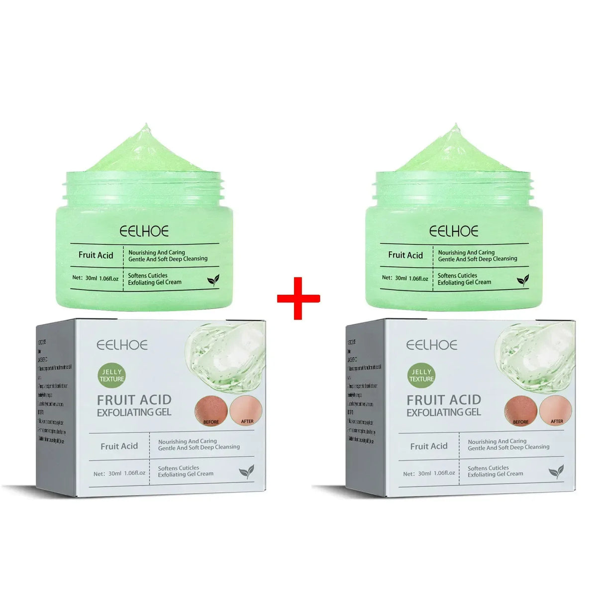 Fruit acid exfoliating gel duo: two mint-green jars and two boxes