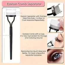 Eyelash comb separator tool with black handle and fine teeth, plus clear cap