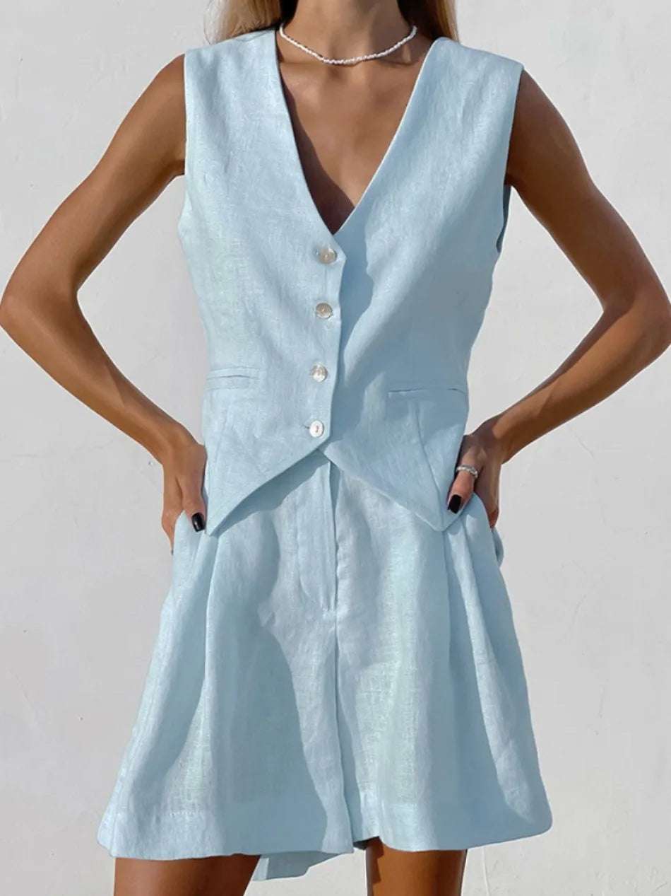 Summer European and American Design Sense Cotton and Linen Suit Vest Suit Women's  Casual Sleeveless Vest Shorts Two-piece Set