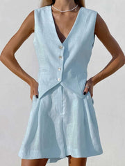 Summer European and American Design Sense Cotton and Linen Suit Vest Suit Women's  Casual Sleeveless Vest Shorts Two-piece Set