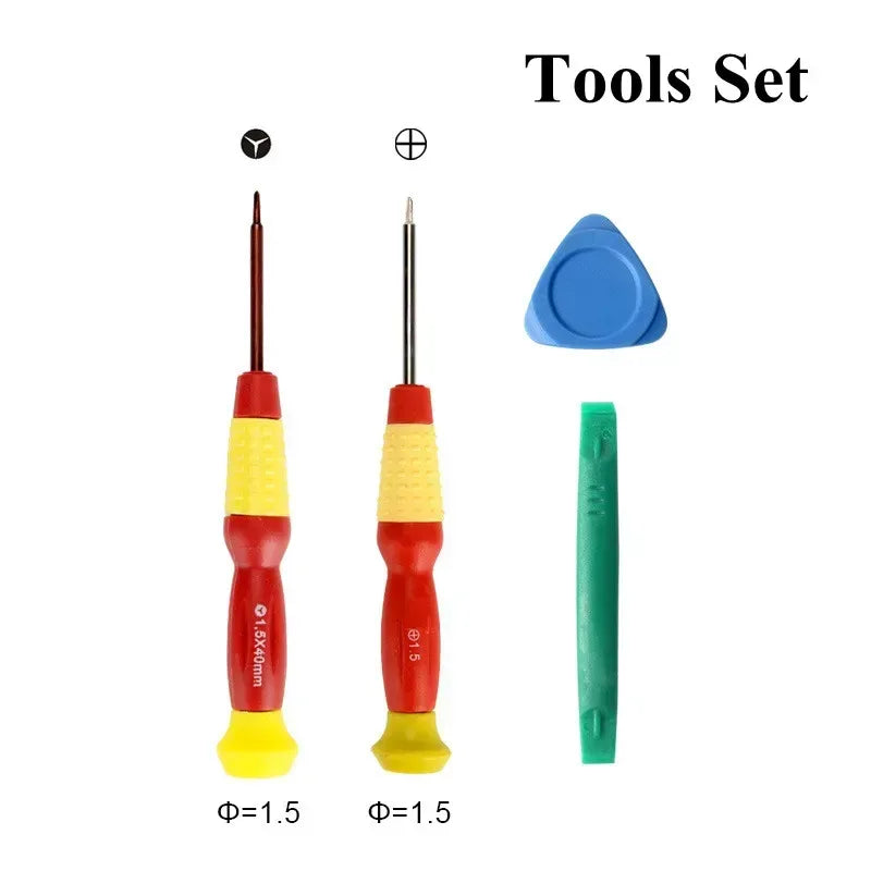 Tool set for joystick repair: yellow screwdrivers and blue pry tool