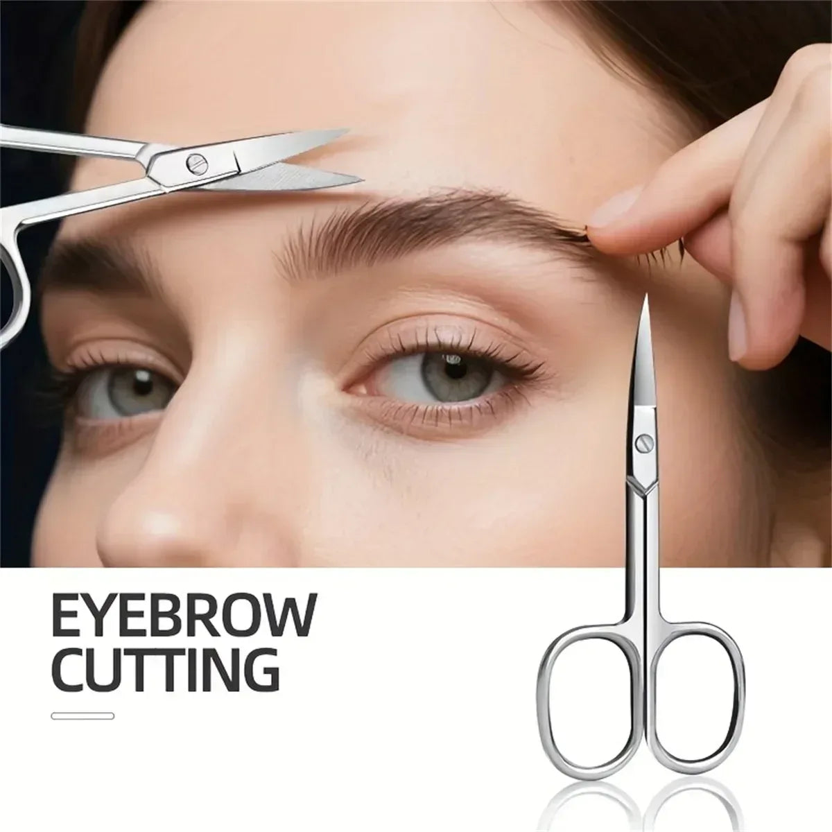 Stainless steel eyebrow trimming scissors with angled blade and loop handles
