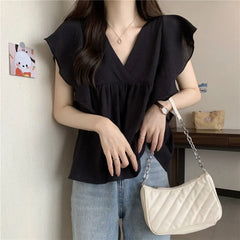 Ele Summer New Sle Women's irt Beautiful Soft Korean Sweet Fly Sve V-ne Top Polyester Fiber Casual Faion