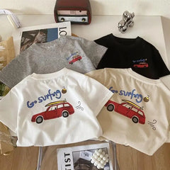 Child Short Sleeve Bottoming Shirt Cartoon Car Print Tops Solid Color Fashion Casual Wear 0-6Age Boys Summer Trendy Clothing